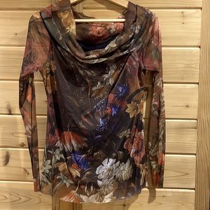 Cowl neck or off the shoulder top with sheer overlay, black nylon underneath